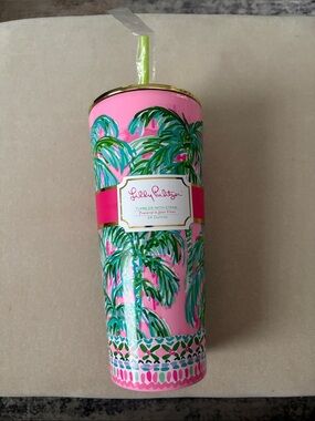 Lilly Pulitzer Pink & Green Palm-Print Tumbler with Straw